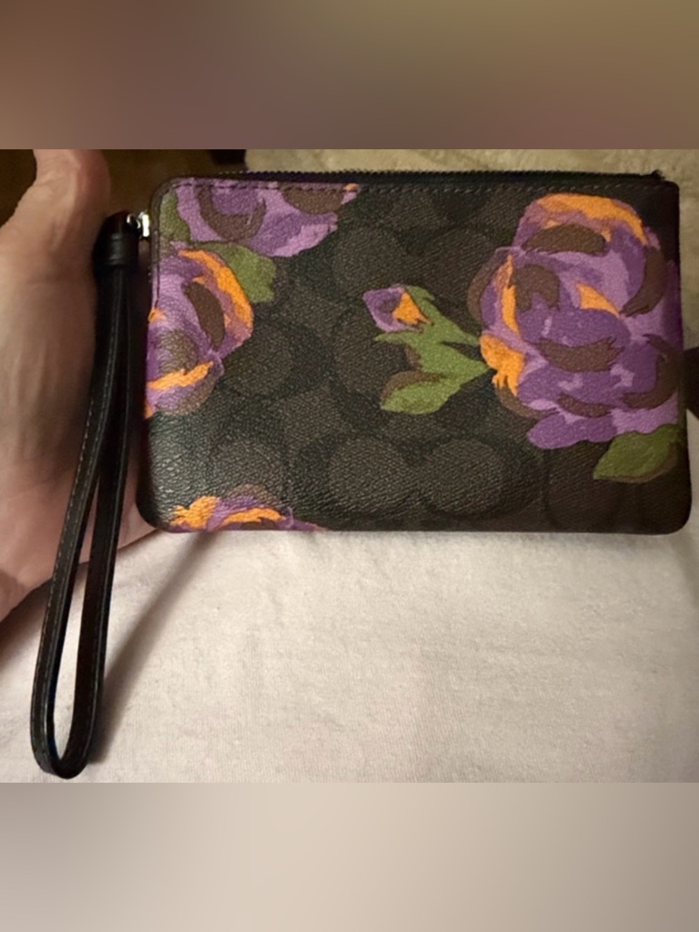 🌸 Coach Signature Brown Floral Wristlet Wallet Purple/Orange Roses | EUC - Picture 2 of 9